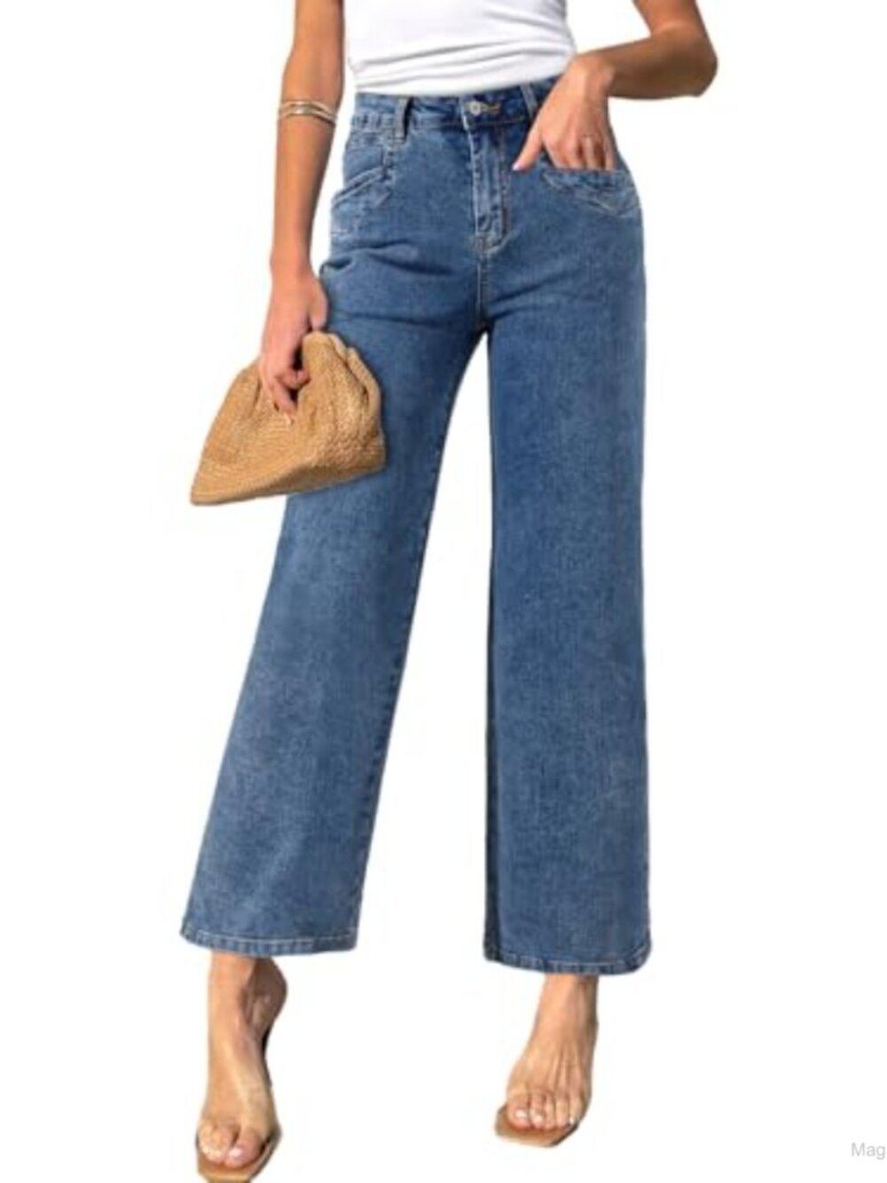 High Waisted Wide Leg Ankle Jeans with Pockets Stretchy
